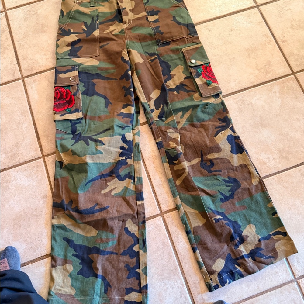 Camouflage Wide Leg Jeans with Rose Embroidery